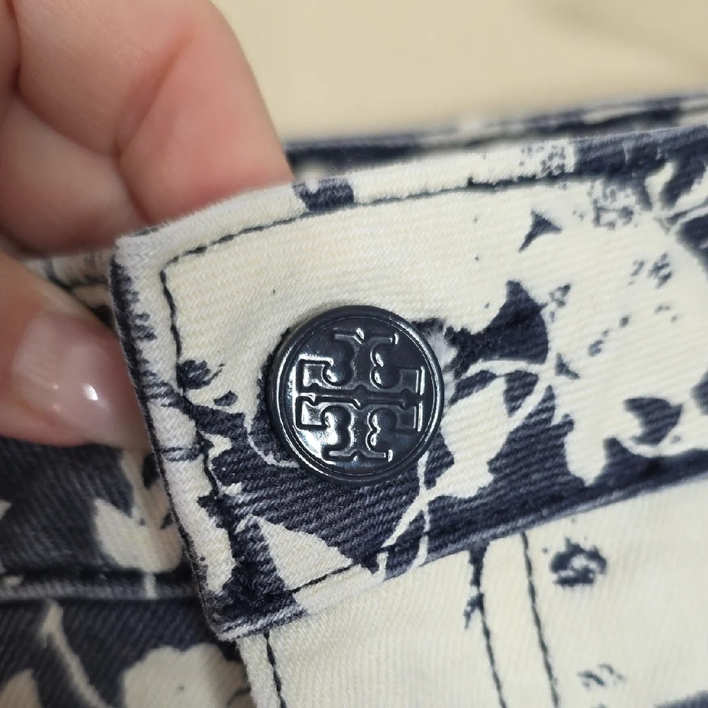 Tory Burch Alexa Floral Cropped Skinny Jeans Blue White Denim Women Sz 26 Preppy